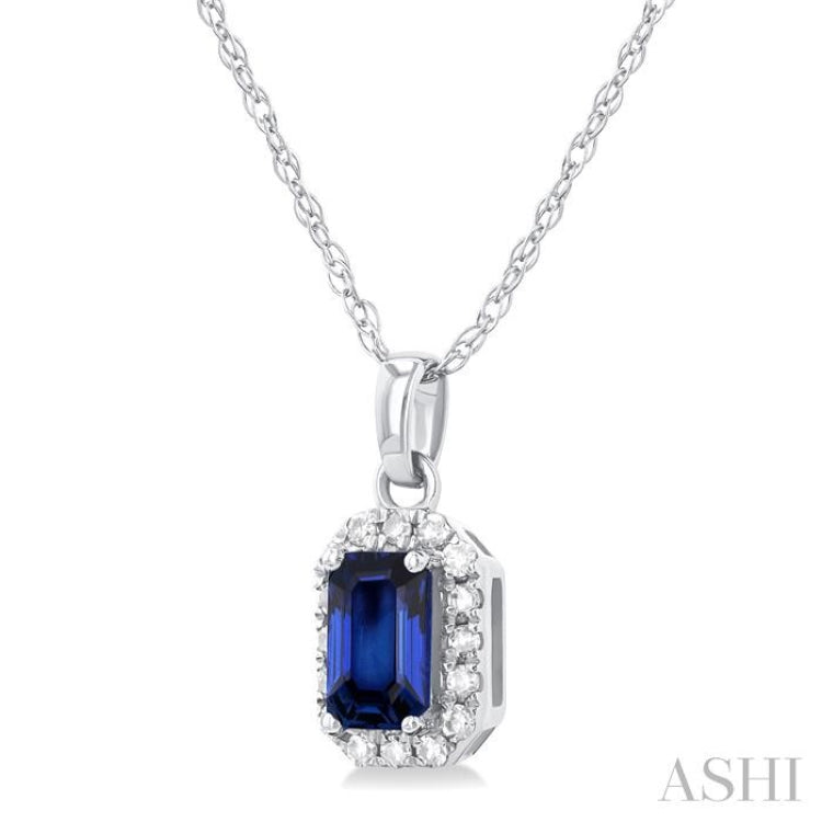 5x3 MM Octagonal Shape Sapphire and 1/20 Ctw Single Cut Diamond Halo Precious Pendant with Chain in 10K White Gold