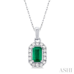 5x3 MM Octagonal Shape Emerald and 1/20 Ctw Single Cut Diamond Halo Precious Pendant with Chain in 10K White Gold