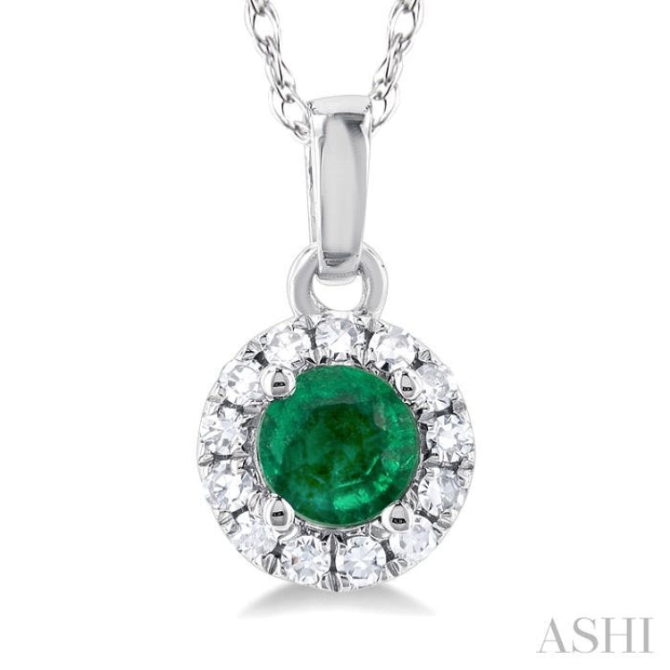 3.25 MM Round Emerald and 1/20 Ctw Single Cut Diamond Halo Precious Pendant with Chain in 10K White Gold