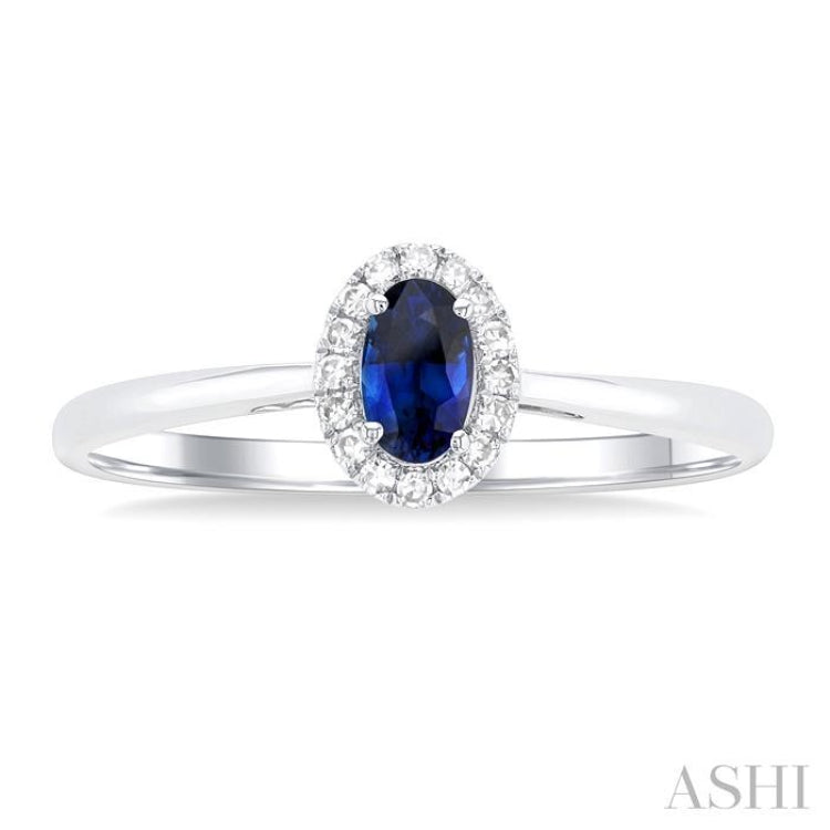 5x3 MM Oval Shape Sapphire and 1/20 Ctw Single Cut Diamond Halo Precious Ring in 14K White Gold