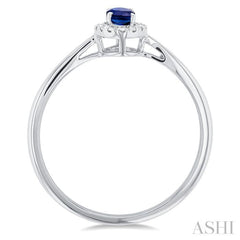 5x3 MM Oval Shape Sapphire and 1/20 Ctw Single Cut Diamond Halo Precious Ring in 14K White Gold