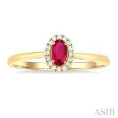 5x3 MM Oval Shape Ruby and 1/20 Ctw Single Cut Diamond Halo Precious Ring in 10K Yellow Gold
