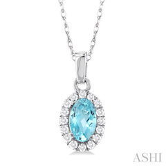 5x3 MM Oval Shape Aquamarine and 1/20 Ctw Single Cut Diamond Halo Semi-Precious Pendant with Chain in 14K White Gold