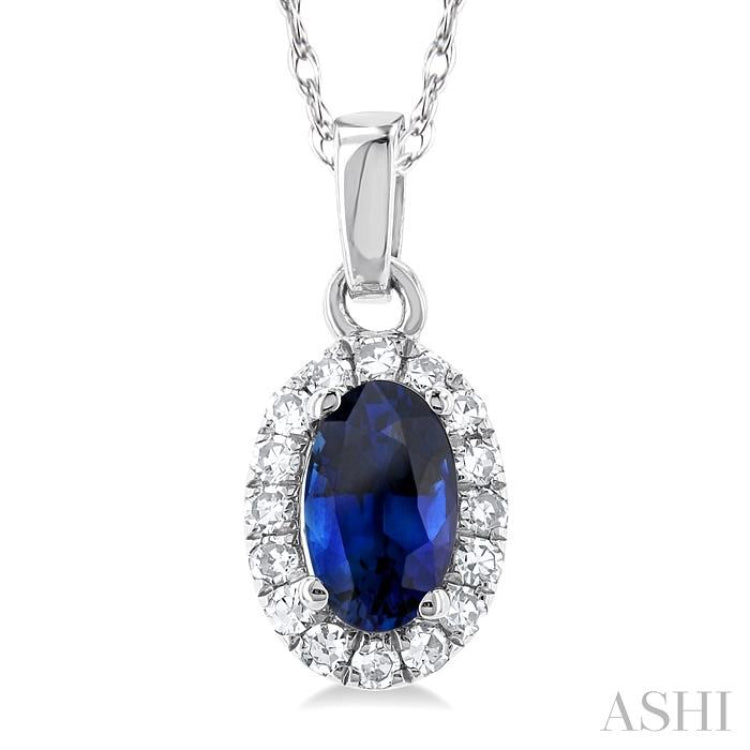 5x3 MM Oval Shape Sapphire and 1/20 Ctw Single Cut Diamond Halo Precious Pendant with Chain in 10K White Gold