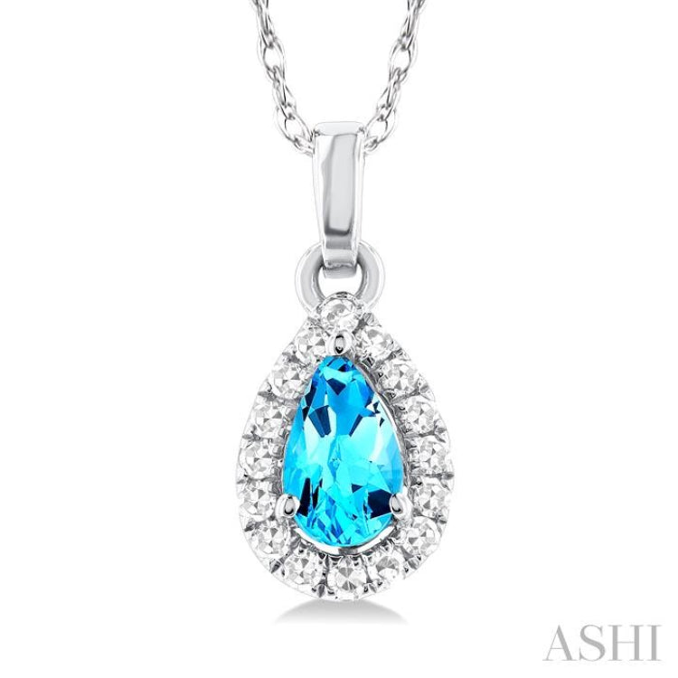 5x3 MM Pear Shape Blue Topaz and 1/20 Ctw Single Cut Diamond Halo Semi-Precious Pendant with Chain in 10K White Gold