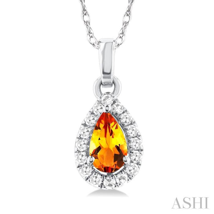 5x3 MM Pear Shape Citrine and 1/20 Ctw Single Cut Diamond Halo Semi-Precious Pendant with Chain in 10K White Gold