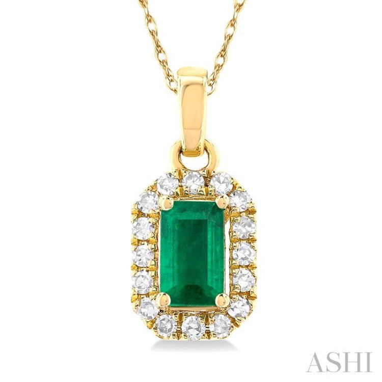 5x3 MM Octagonal Shape Emerald and 1/20 Ctw Single Cut Diamond Halo Precious Pendant with Chain in 14K Yellow Gold
