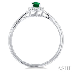 5x3 MM Oval Shape Emerald and 1/20 Ctw Single Cut Diamond Halo Precious Ring in 10K White Gold