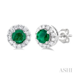 3.25 MM Round Emerald and 1/10 Ctw Single Cut Diamond Halo Precious Stud Earrings in 10K White Gold