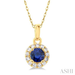 3.25 MM Round Sapphire and 1/20 Ctw Single Cut Diamond Halo Precious Pendant with Chain in 14K Yellow Gold