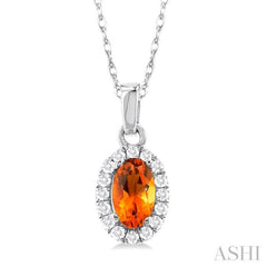5x3 MM Oval Shape Citrine and 1/20 Ctw Single Cut Diamond Halo Semi-Precious Pendant with Chain in 10K White Gold