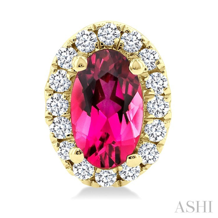 5x3 MM Oval Shape Pink Tourmaline and 1/8 Ctw Round Cut Diamond Halo Semi-Precious Stud Earrings in 10K Yellow Gold