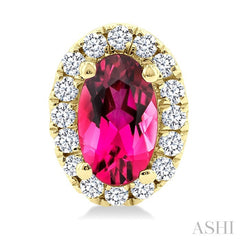 5x3 MM Oval Shape Pink Tourmaline and 1/8 Ctw Round Cut Diamond Halo Semi-Precious Stud Earrings in 10K Yellow Gold