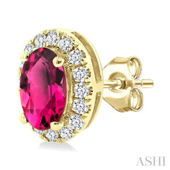 5x3 MM Oval Shape Pink Tourmaline and 1/8 Ctw Round Cut Diamond Halo Semi-Precious Stud Earrings in 10K Yellow Gold