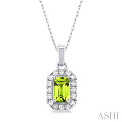 5x3 MM Octagonal Shape Peridot and 1/20 Ctw Single Cut Diamond Halo Semi-Precious Pendant with Chain in 10K White Gold
