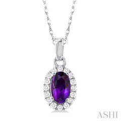 5x3 MM Oval Shape Amethyst and 1/20 Ctw Single Cut Diamond Halo Semi-Precious Pendant with Chain in 14K White Gold