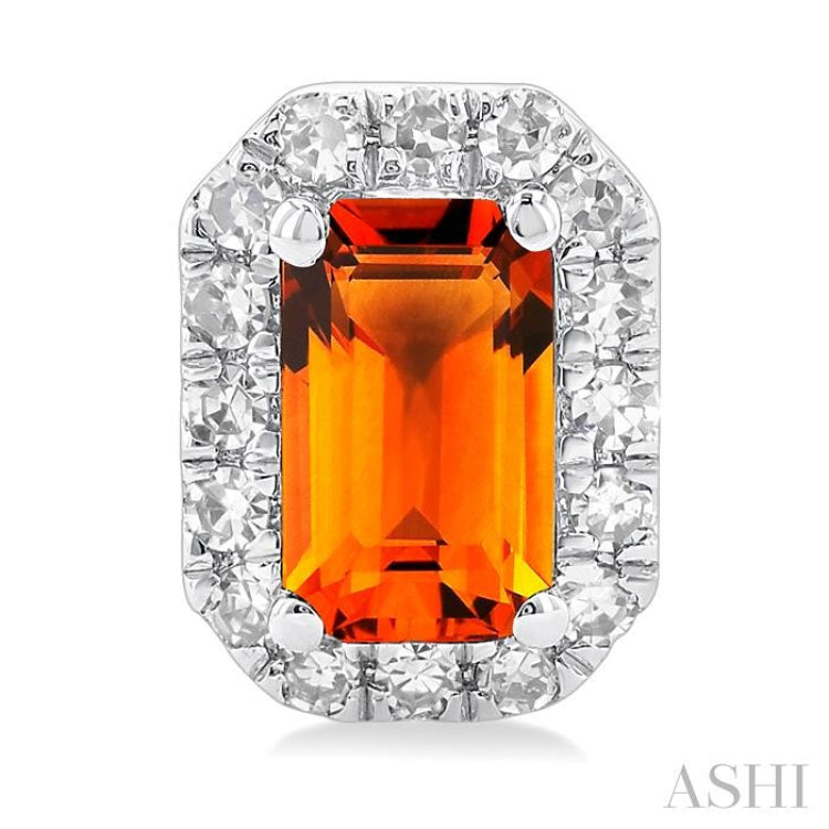 5x3 MM Octagonal Shape Citrine and 1/8 Ctw Single Cut Diamond Halo Semi-Precious Stud Earrings in 10K White Gold