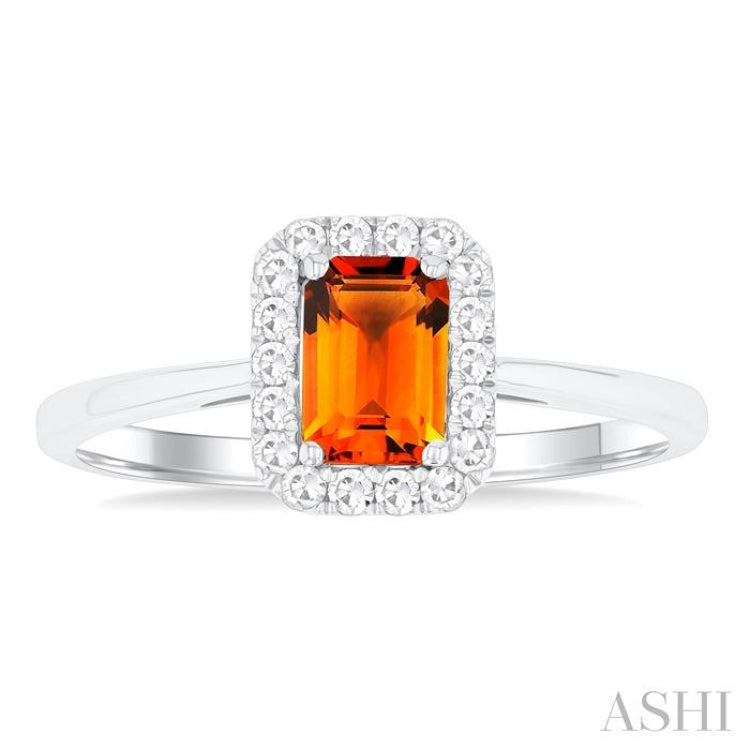 6x4 MM Octagonal Shape Citrine and 1/6 Ctw Round Cut Diamond Halo Semi-Precious Ring in 14K White Gold