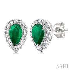 5x3 MM Pear Shape Emerald and 1/8 Ctw Single Cut Diamond Halo Precious Stud Earrings in 10K White Gold