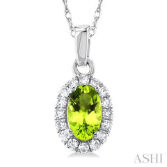 5x3 MM Oval Shape Peridot and 1/20 Ctw Single Cut Diamond Halo Semi-Precious Pendant with Chain in 10K White Gold
