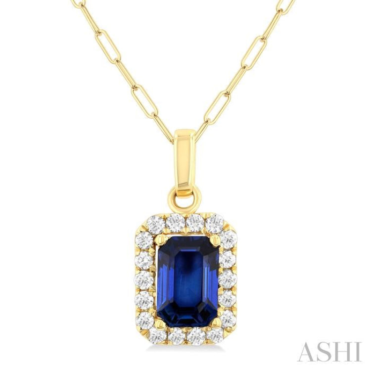 6x4 MM Octagonal Shape Sapphire and 1/6 Ctw Round Cut Diamond Halo Precious Pendant with Chain in 14K Yellow Gold