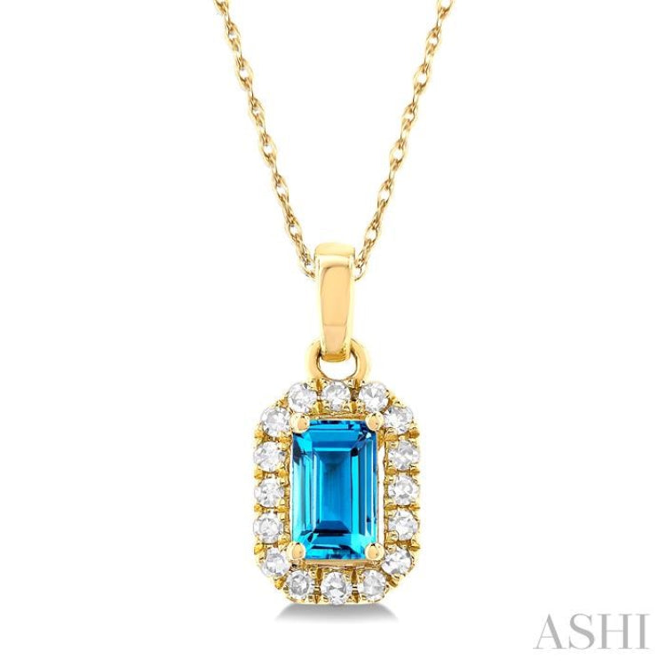 5x3 MM Octagonal Shape Blue Topaz and 1/20 Ctw Single Cut Diamond Halo Semi-Precious Pendant with Chain in 14K Yellow Gold