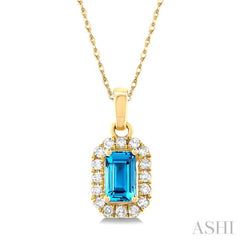5x3 MM Octagonal Shape Blue Topaz and 1/20 Ctw Single Cut Diamond Halo Semi-Precious Pendant with Chain in 14K Yellow Gold