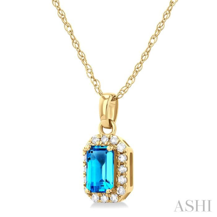 5x3 MM Octagonal Shape Blue Topaz and 1/20 Ctw Single Cut Diamond Halo Semi-Precious Pendant with Chain in 14K Yellow Gold