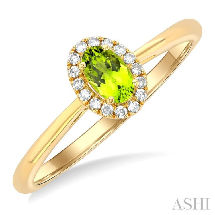 5x3 MM Oval Shape Peridot and 1/20 Ctw Single Cut Diamond Halo Semi-Precious Ring in 10K Yellow Gold