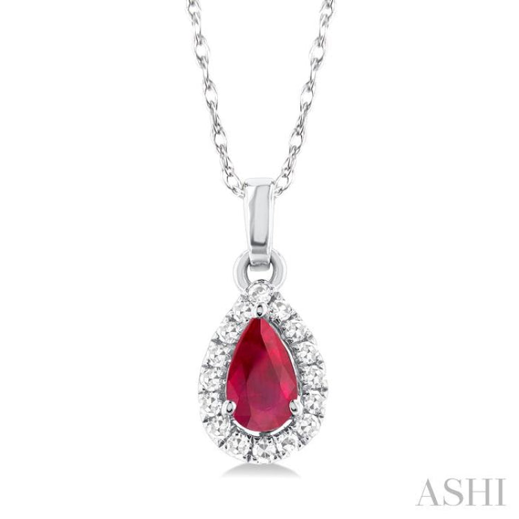 5x3 MM Pear Shape Ruby and 1/20 Ctw Single Cut Diamond Halo Precious Pendant with Chain in 14K White Gold