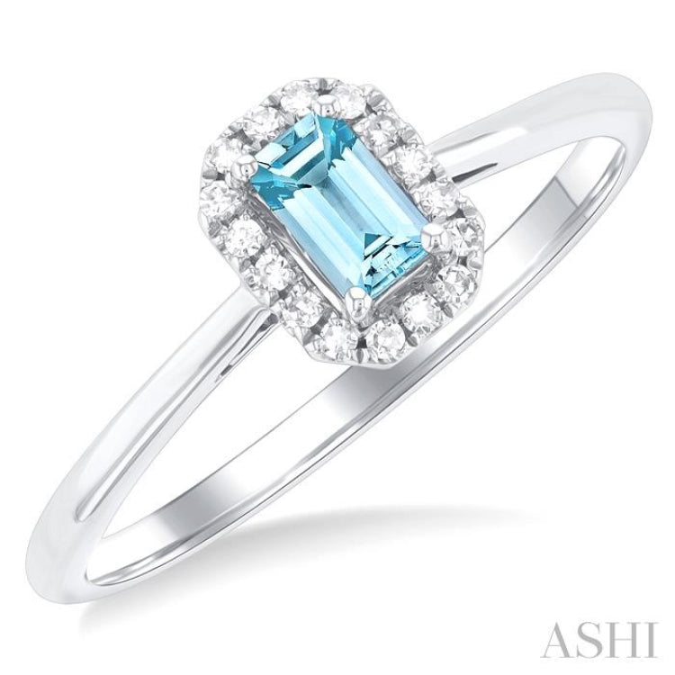 5x3 MM Octagonal Shape Aquamarine and 1/20 Ctw Single Cut Diamond Halo Semi-Precious Ring in 10K White Gold