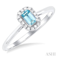 5x3 MM Octagonal Shape Aquamarine and 1/20 Ctw Single Cut Diamond Halo Semi-Precious Ring in 10K White Gold