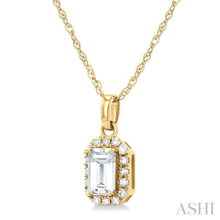 5x3 MM Octagonal Shape White Topaz and 1/20 Ctw Single Cut Diamond Halo Semi-Precious Pendant with Chain in 14K Yellow Gold