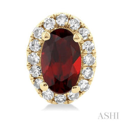 5x3 MM Oval Shape Garnet and 1/8 Ctw Single Cut Diamond Halo Semi-Precious Stud Earrings in 10K Yellow Gold