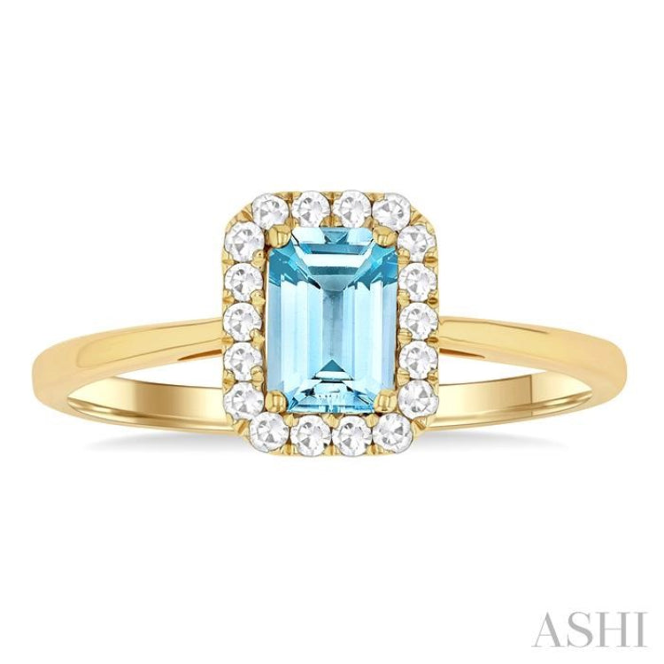 6x4 MM Octagonal Shape Aquamarine and 1/6 Ctw Round Cut Diamond Halo Semi-Precious Ring in 10K Yellow Gold