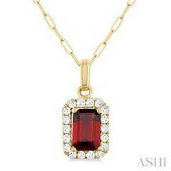 6x4 MM Octagonal Shape Garnet and 1/6 Ctw Round Cut Diamond Halo Semi-Precious Pendant with Chain in 10K Yellow Gold
