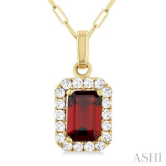 6x4 MM Octagonal Shape Garnet and 1/6 Ctw Round Cut Diamond Halo Semi-Precious Pendant with Chain in 10K Yellow Gold