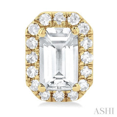 5x3 MM Octagonal Shape White Topaz and 1/8 Ctw Single Cut Diamond Halo Semi-Precious Stud Earrings in 14K Yellow Gold