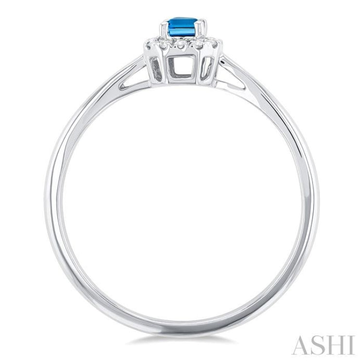 5x3 MM Octagonal Shape Blue Topaz and 1/20 Ctw Single Cut Diamond Halo Semi-Precious Ring in 14K White Gold