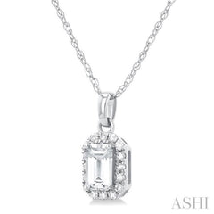 5x3 MM Octagonal Shape White Topaz and 1/20 Ctw Single Cut Diamond Halo Semi-Precious Pendant with Chain in 14K White Gold