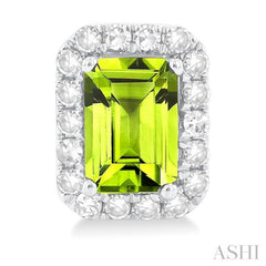 6x4 MM Octagonal Shape Peridot and 1/4 Ctw Round Cut Diamond Halo Semi-Precious Stud Earrings in 14K White Gold