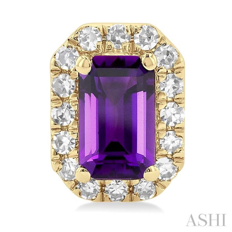 5x3 MM Octagonal Shape Amethyst and 1/8 Ctw Single Cut Diamond Halo Semi-Precious Stud Earrings in 14K Yellow Gold