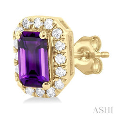 5x3 MM Octagonal Shape Amethyst and 1/8 Ctw Single Cut Diamond Halo Semi-Precious Stud Earrings in 14K Yellow Gold