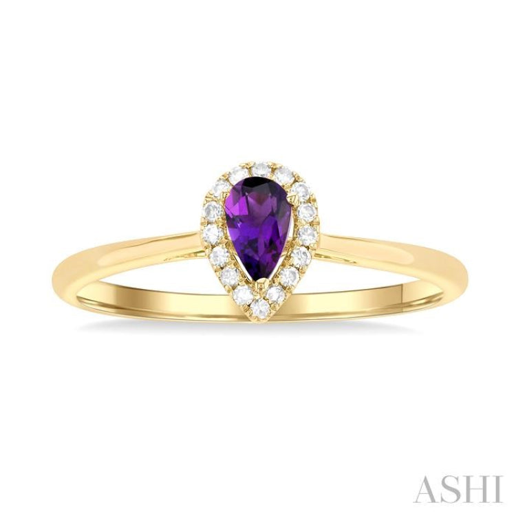 5x3 MM Pear Shape Amethyst and 1/20 Ctw Single Cut Diamond Halo Semi-Precious Ring in 14K Yellow Gold