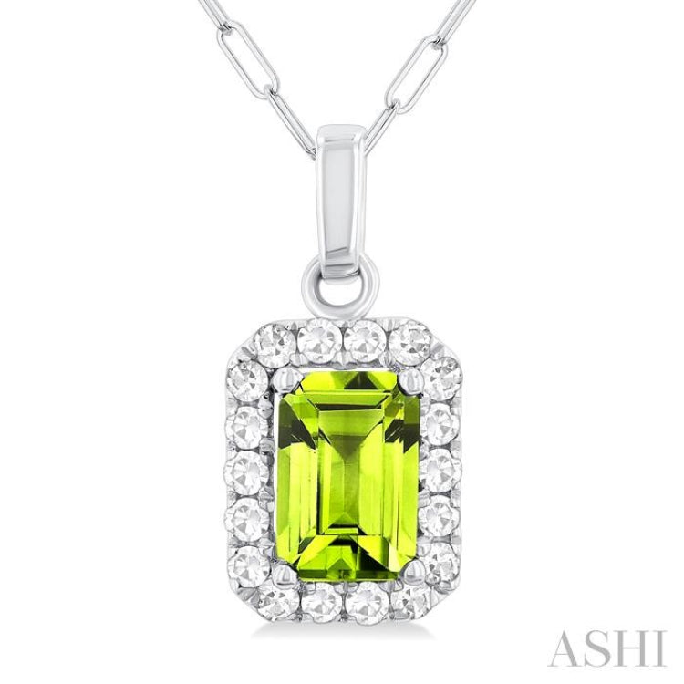 6x4 MM Octagonal Shape Peridot and 1/6 Ctw Round Cut Diamond Halo Semi-Precious Pendant with Chain in 14K White Gold