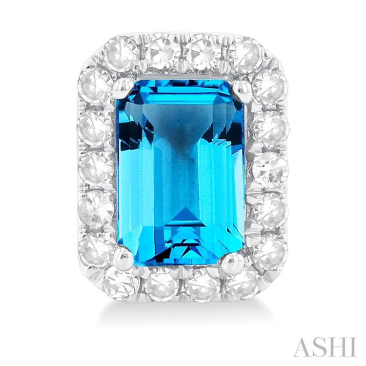 6x4 MM Octagonal Shape Blue Topaz and 1/4 Ctw Round Cut Diamond Halo Semi-Precious Stud Earrings in 10K White Gold