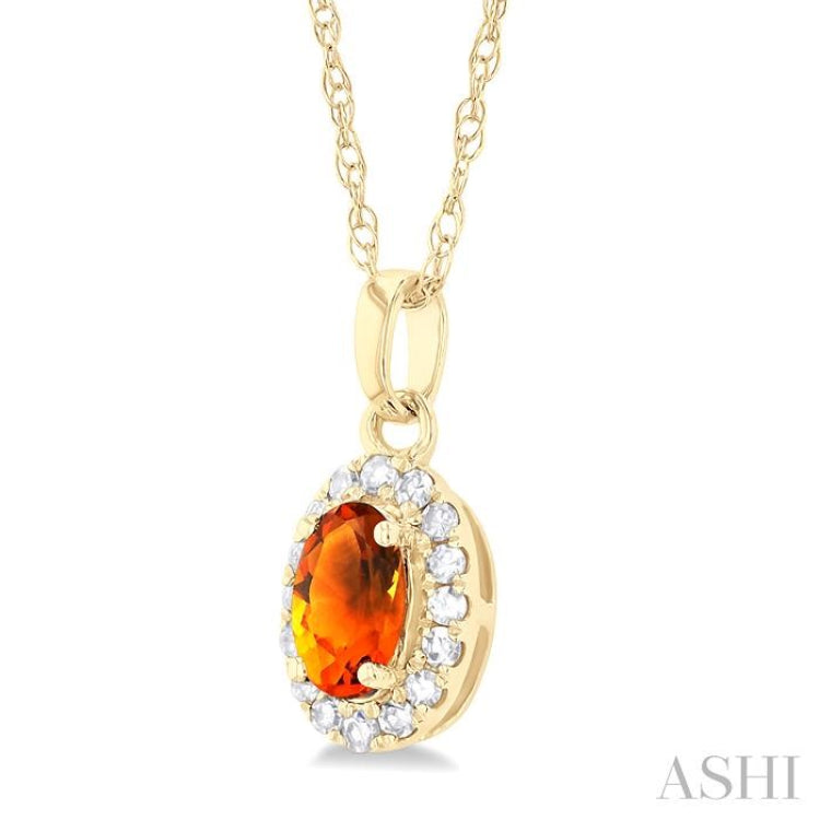 5x3 MM Oval Shape Citrine and 1/20 Ctw Single Cut Diamond Halo Semi-Precious Pendant with Chain in 10K Yellow Gold