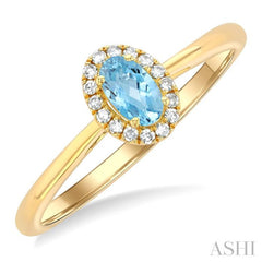 5x3 MM Oval Shape Aquamarine and 1/20 Ctw Single Cut Diamond Halo Semi-Precious Ring in 14K Yellow Gold
