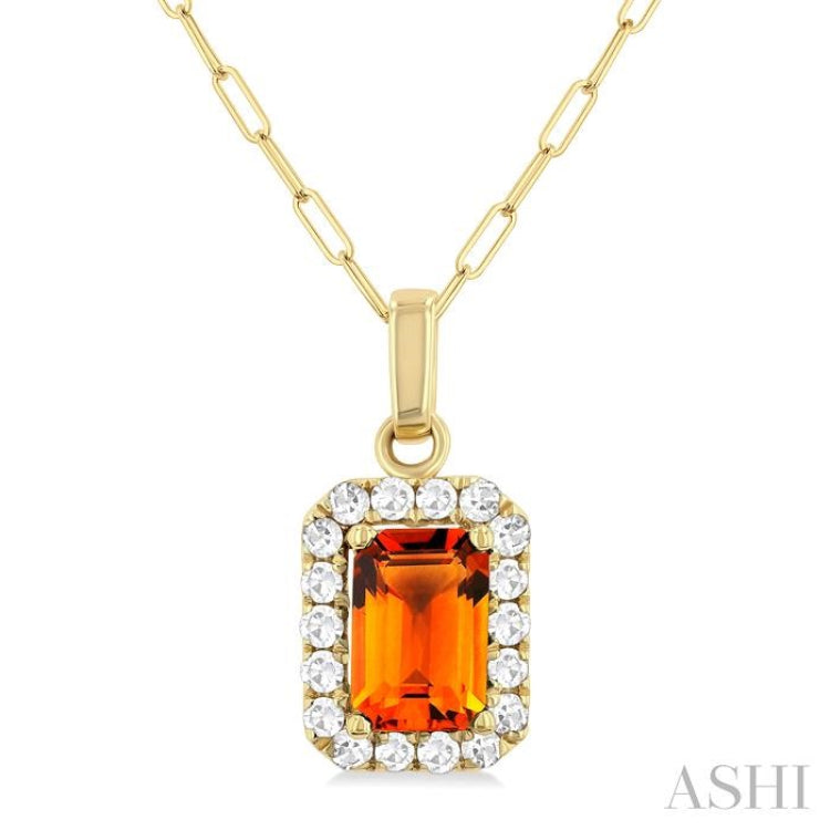 6x4 MM Octagonal Shape Citrine and 1/6 Ctw Round Cut Diamond Halo Semi-Precious Pendant with Chain in 14K Yellow Gold