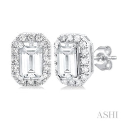 5x3 MM Octagonal Shape White Topaz and 1/8 Ctw Single Cut Diamond Halo Semi-Precious Stud Earrings in 14K White Gold